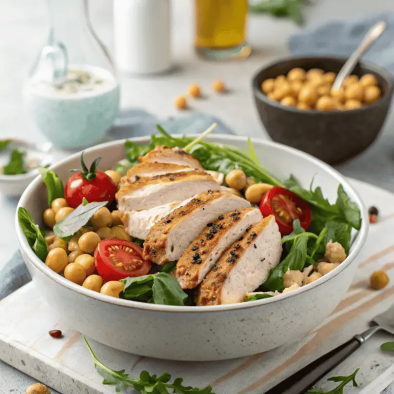 A vibrant bowl of chicken and chickpea salad on a kitchen counter