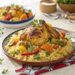 Moroccan chicken couscous on a colorful plate.