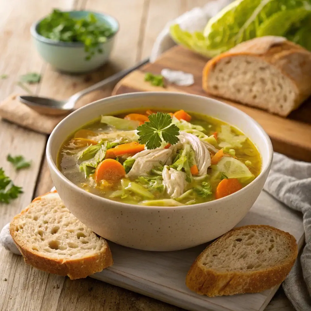 A bowl of chicken cabbage soup with shredded chicken, cabbage, and vegetables, garnished with fresh parsley, served with crusty bread.
