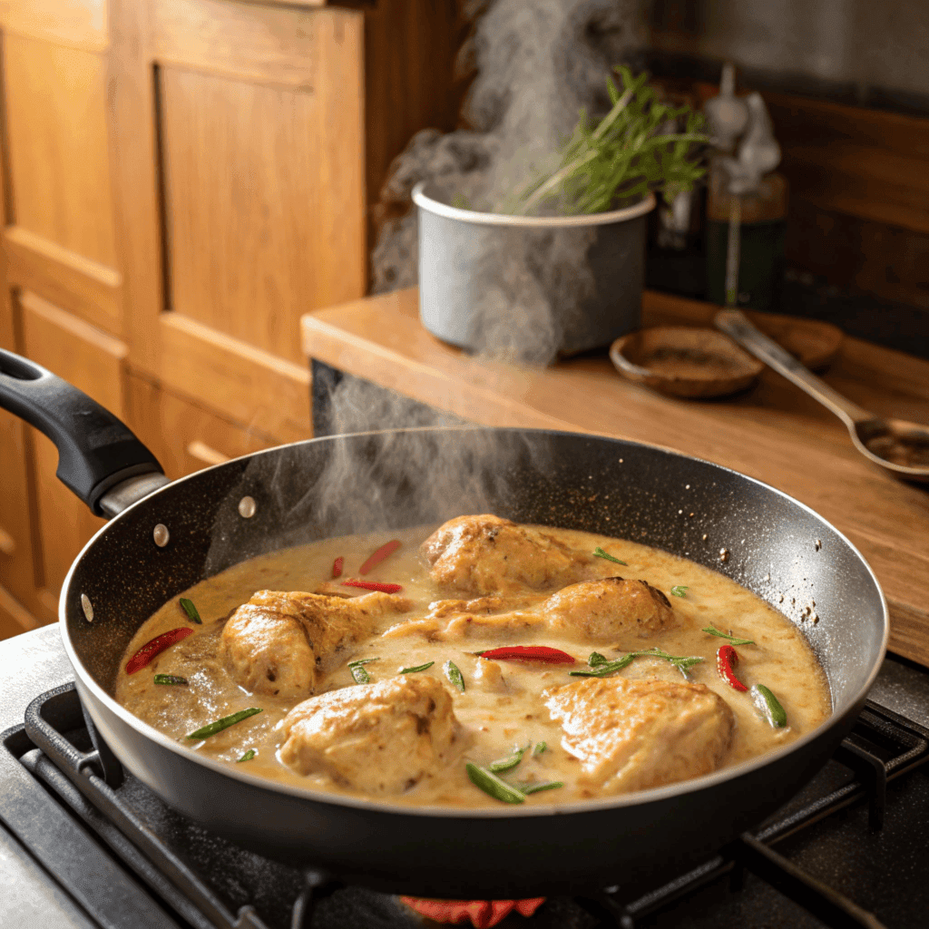 A wok cooking scene with chicken pieces simmering in a creamy coconut sauce.