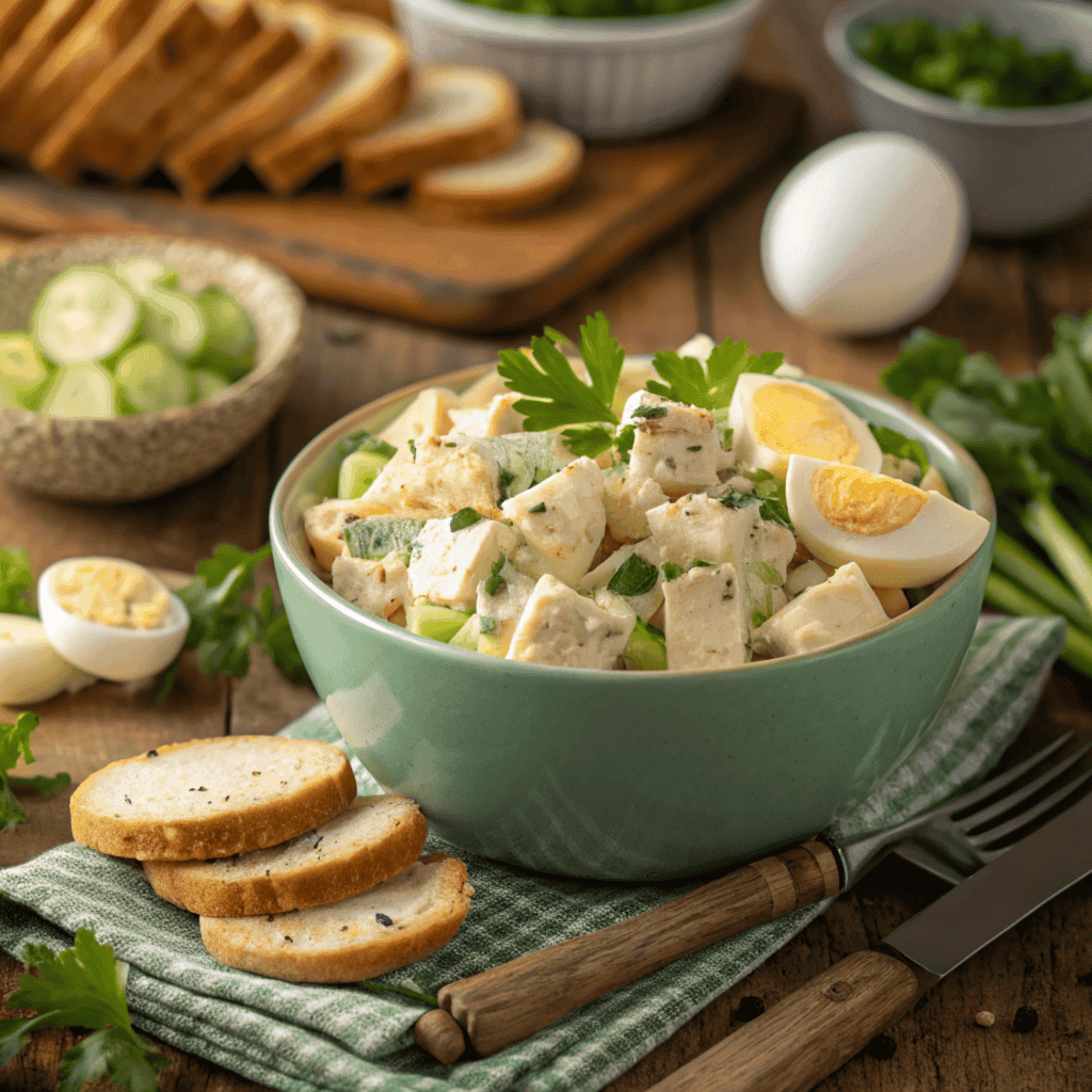 A bowl of chicken and egg salad garnished with fresh herbs, served with sliced bread and crackers on a rustic wooden table.