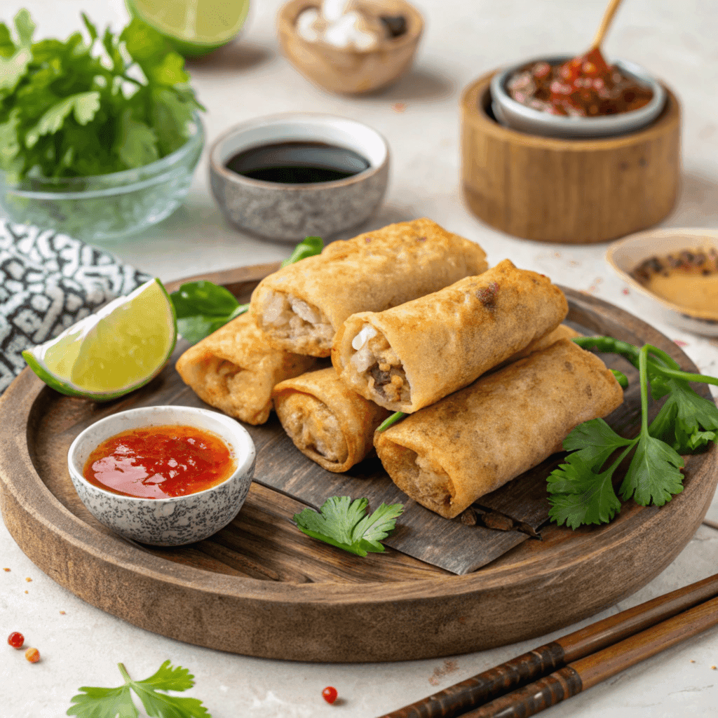 A plate of crispy chicken spring rolls with dipping sauces and fresh garnishes, served on a rustic wooden platter