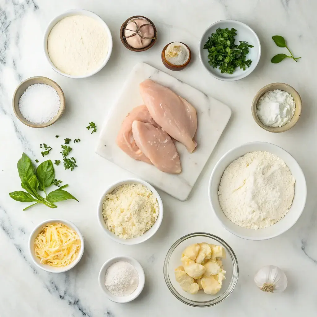 Ingredients for chicken Alfredo pizza displayed neatly on a countertop.