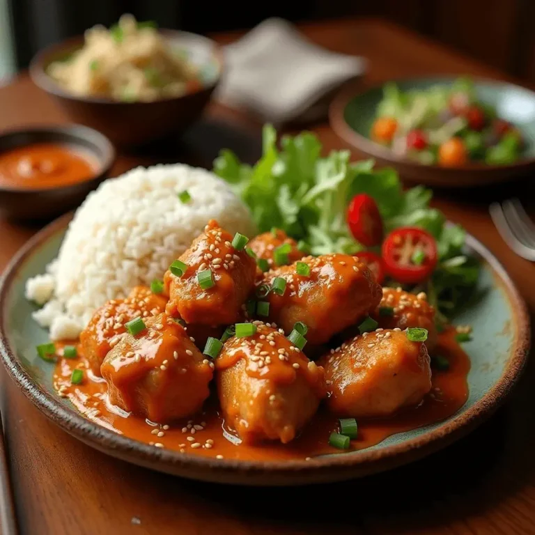 A plate of Bang Bang Chicken coated in a spicy, tangy sauce, garnished with sesame seeds and green onions, served with steamed rice, fresh salad greens, and cherry tomatoes.