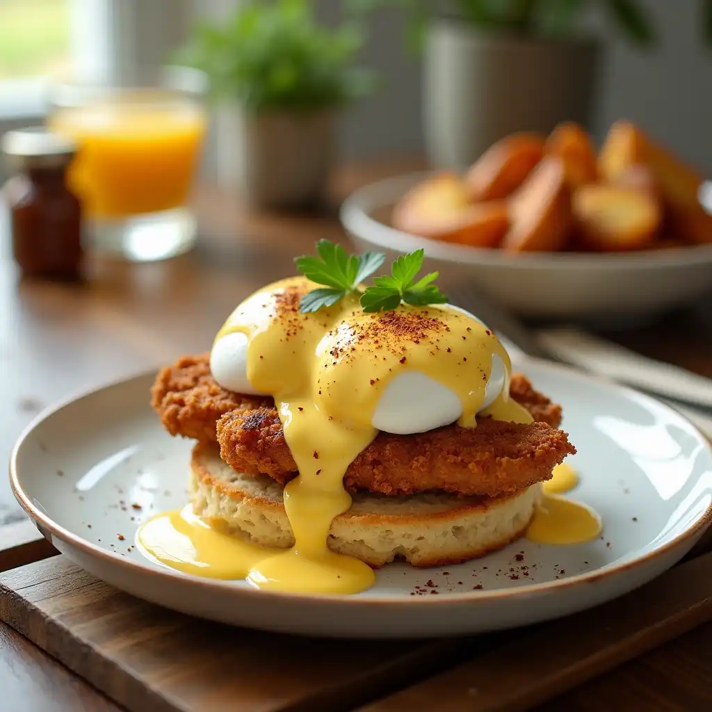 A plate of chicken Benedict featuring crispy fried chicken on a biscuit, topped with poached eggs and creamy hollandaise sauce, garnished with parsley.