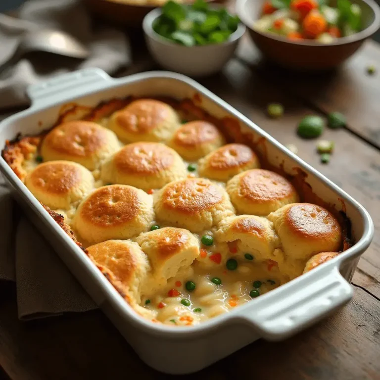 A creamy chicken and vegetable casserole topped with golden, fluffy biscuits, served in a white baking dish on a rustic wooden table.