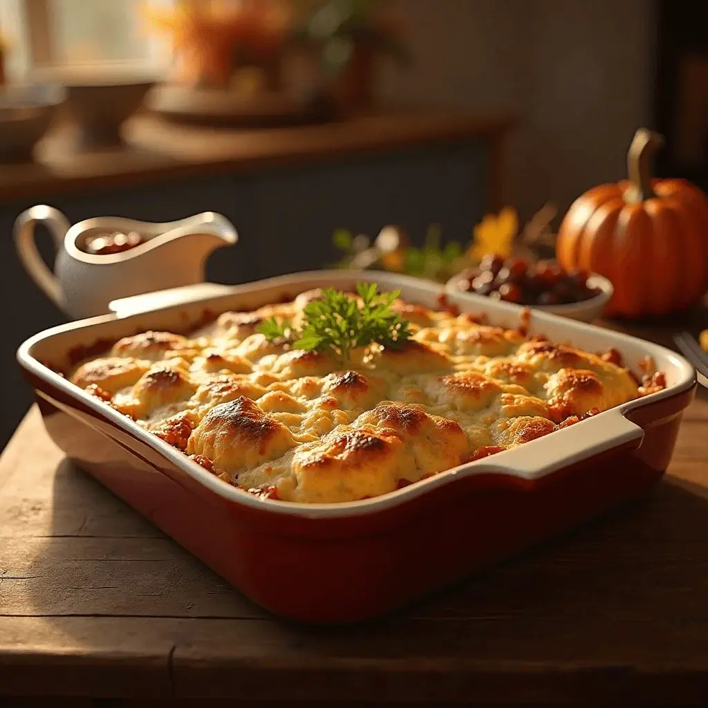 A warm, golden-baked chicken and dressing casserole in a red dish, garnished with fresh parsley, set on a rustic wooden table with cranberry sauce and autumn decor in the background.