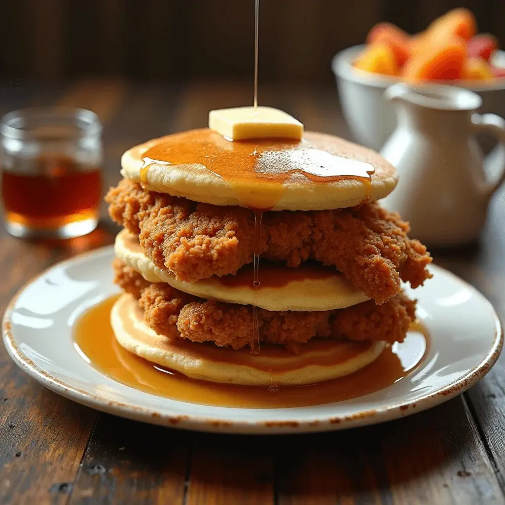A stack of fluffy pancakes layered with crispy fried chicken tenders, topped with a pat of butter and drizzled with golden maple syrup.