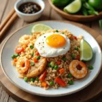 A vibrant plate of chicken and shrimp fried rice topped with a sunny-side-up egg, garnished with sesame seeds and lime wedges, accompanied by a dipping sauce.