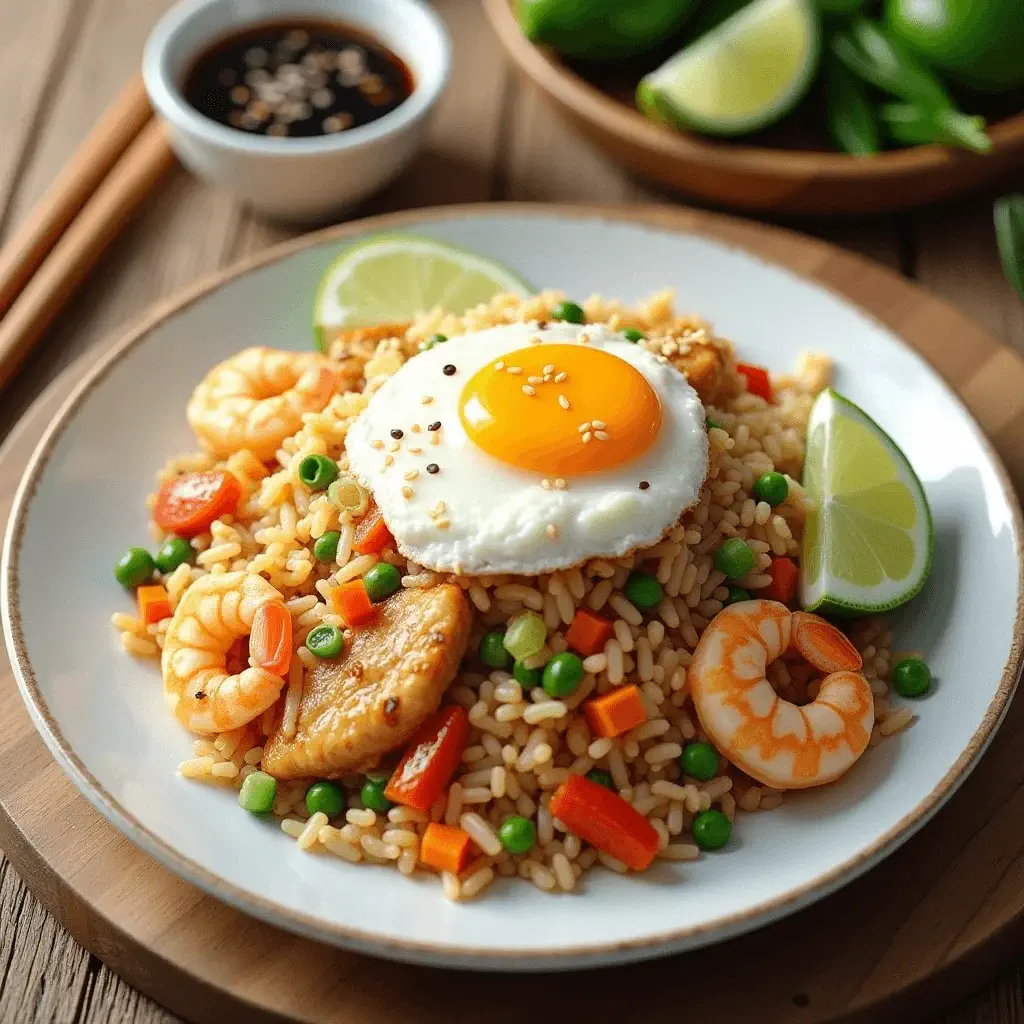 A vibrant plate of chicken and shrimp fried rice topped with a sunny-side-up egg, garnished with sesame seeds and lime wedges, accompanied by a dipping sauce.