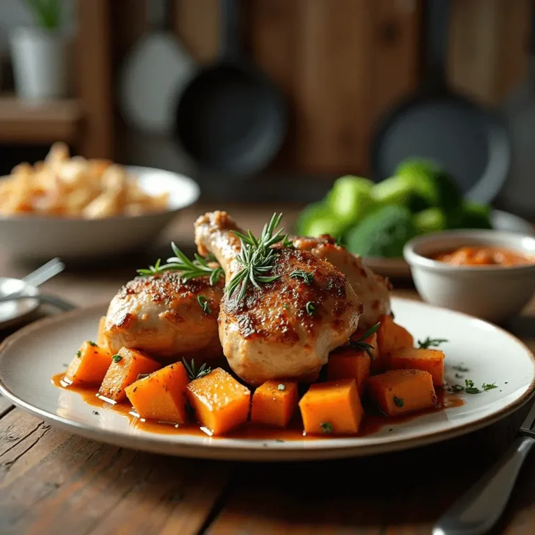 Roasted chicken drumsticks served with caramelized sweet potato cubes, garnished with fresh rosemary and parsley, accompanied by broccoli and dipping sauce.