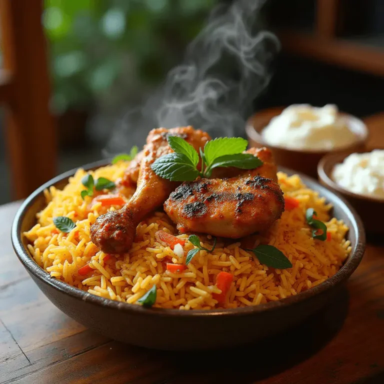 A steaming plate of chicken biryani topped with grilled chicken pieces and garnished with fresh mint leaves, served with yogurt raita and a side dish.