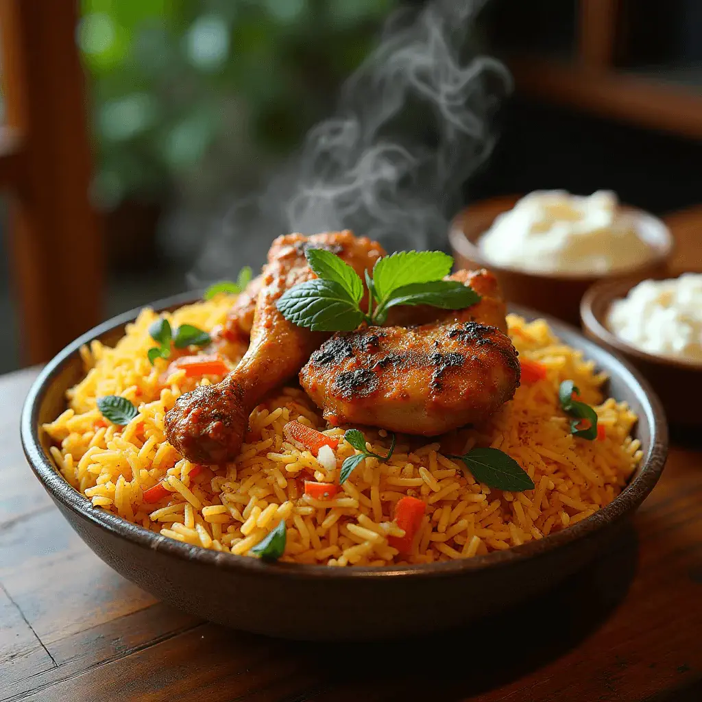 A steaming plate of chicken biryani topped with grilled chicken pieces and garnished with fresh mint leaves, served with yogurt raita and a side dish.