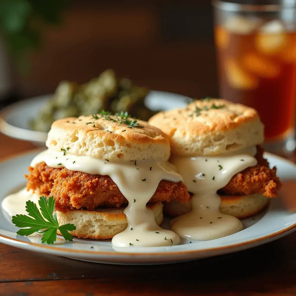 Two flaky biscuits stuffed with crispy fried chicken and smothered in creamy white gravy, garnished with fresh parsley, served with a side of greens and iced tea.