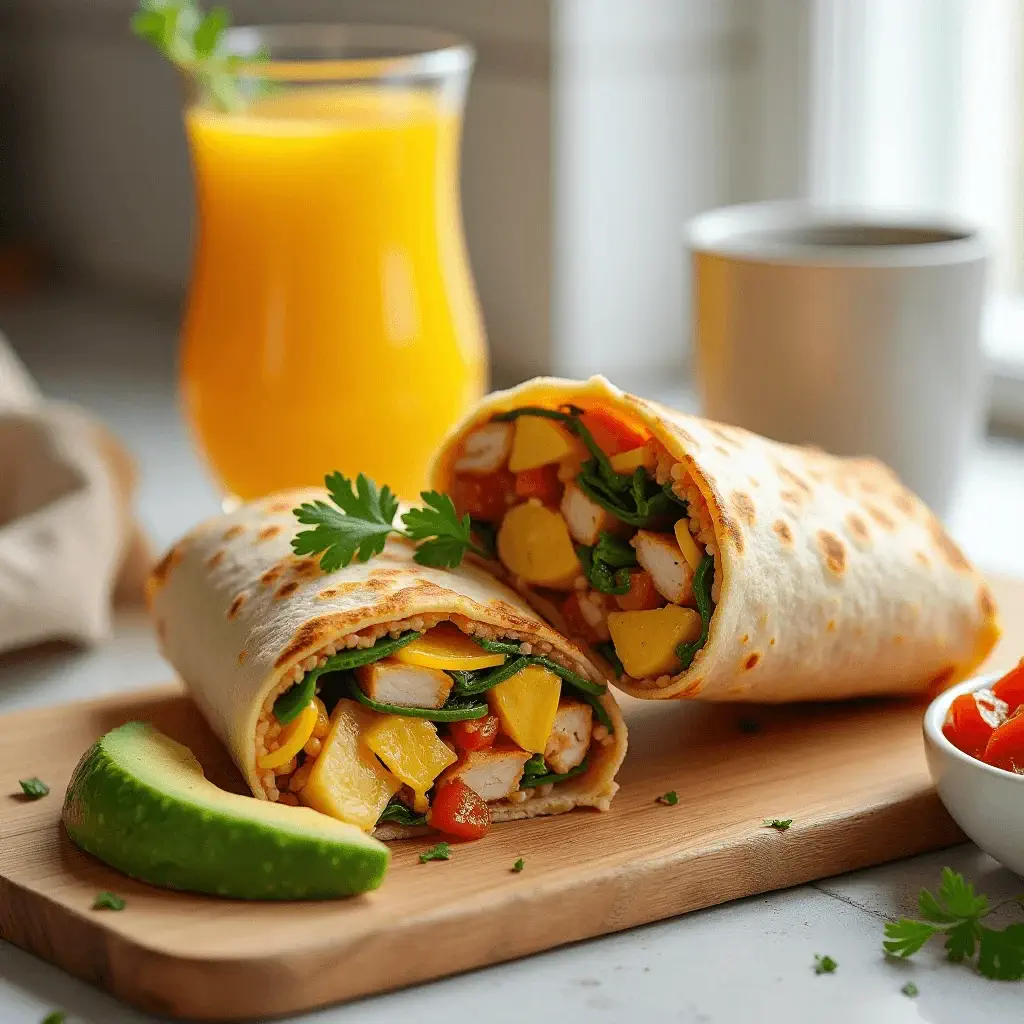 A colorful chicken breakfast burrito stuffed with fresh vegetables, cheese, and avocado slices, served on a wooden board with a glass of orange juice and coffee in the background.