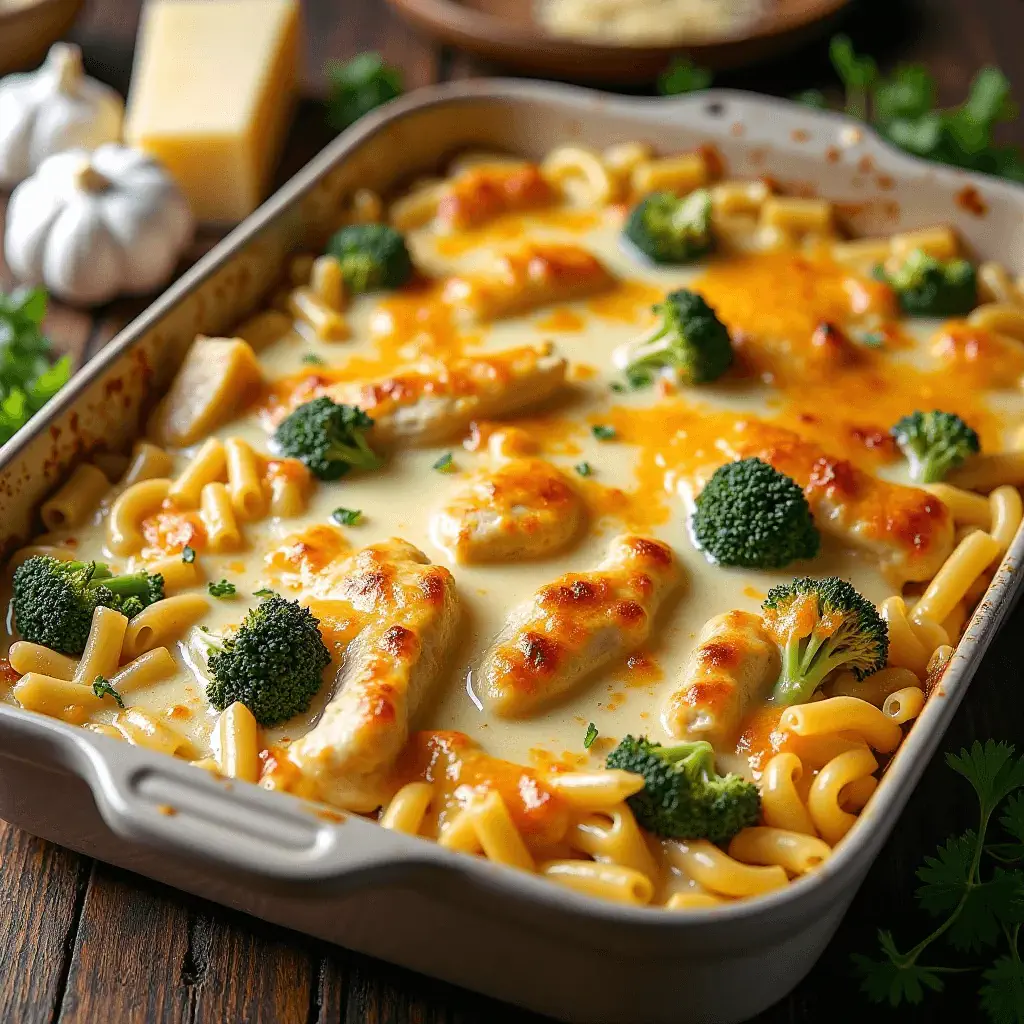 A creamy chicken and broccoli Alfredo pasta bake topped with melted cheese, served in a casserole dish with a golden, bubbly crust.