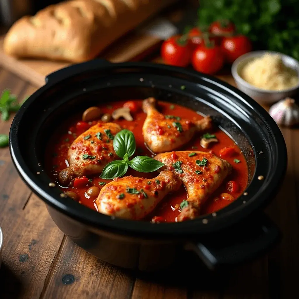 Chicken cacciatore with tender chicken drumsticks simmered in a rich tomato sauce with vegetables and herbs, garnished with fresh basil, served in a black dish.