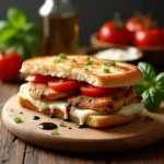 Grilled chicken caprese panini with melted mozzarella, fresh tomatoes, and basil on a rustic wooden board.