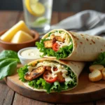 Chicken Caesar wraps filled with grilled chicken, fresh lettuce, cherry tomatoes, shredded cheese, and Caesar dressing, served on a wooden board with lemon water and Parmesan cheese on the side.