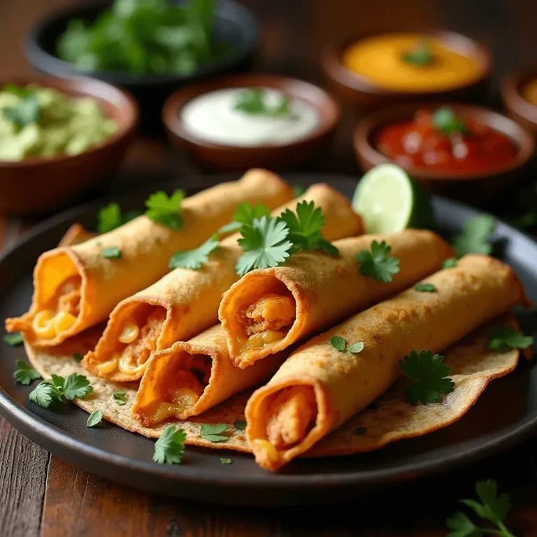 Plate of crispy chicken cheese taquitos garnished with fresh cilantro, served with guacamole, sour cream, salsa, and cheese dip in the background.