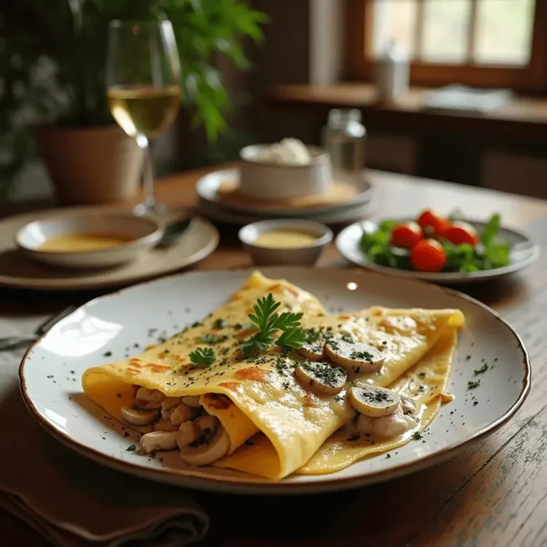 Savory chicken and mushroom crepes garnished with fresh parsley, served on a plate with a side of salad