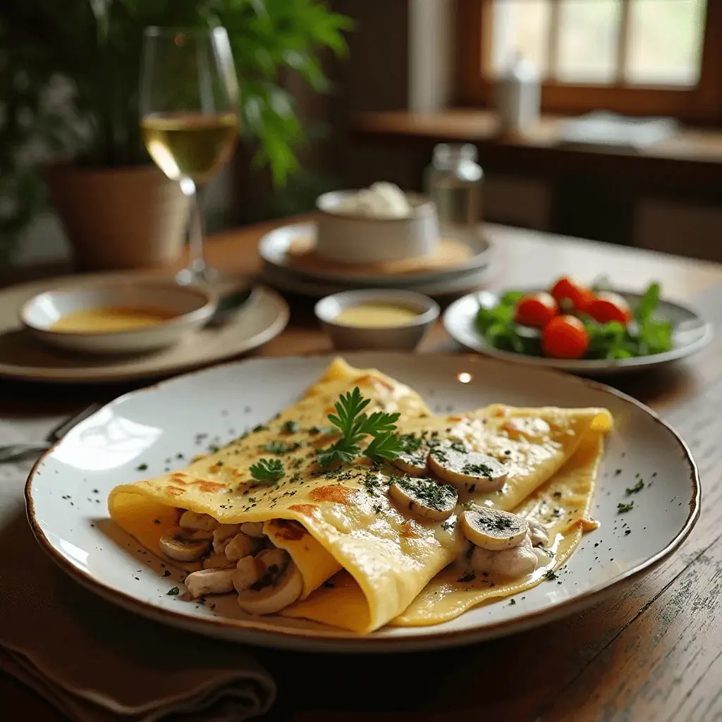 Savory chicken and mushroom crepes garnished with fresh parsley, served on a plate with a side of salad
