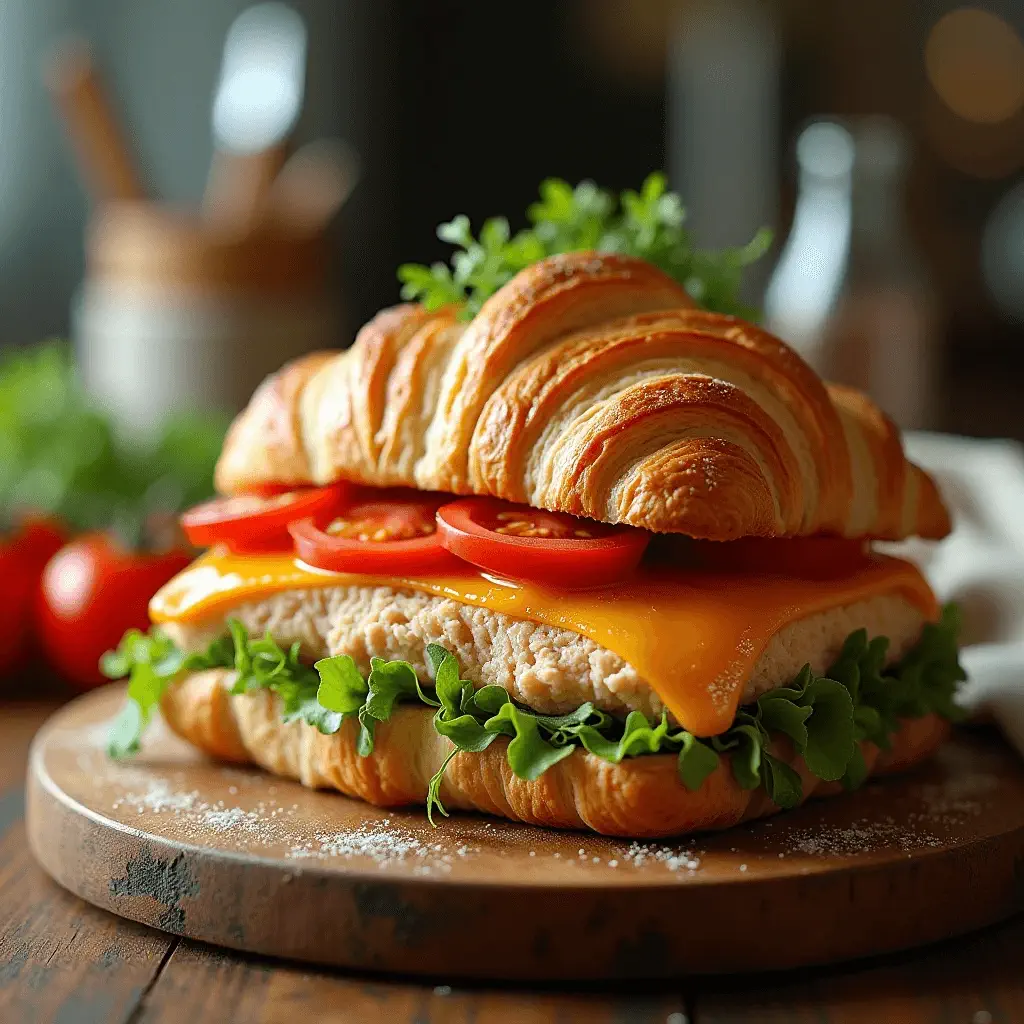 Freshly made chicken croissant sandwich with cheddar cheese, tomato slices, and green leafy lettuce on a wooden board.