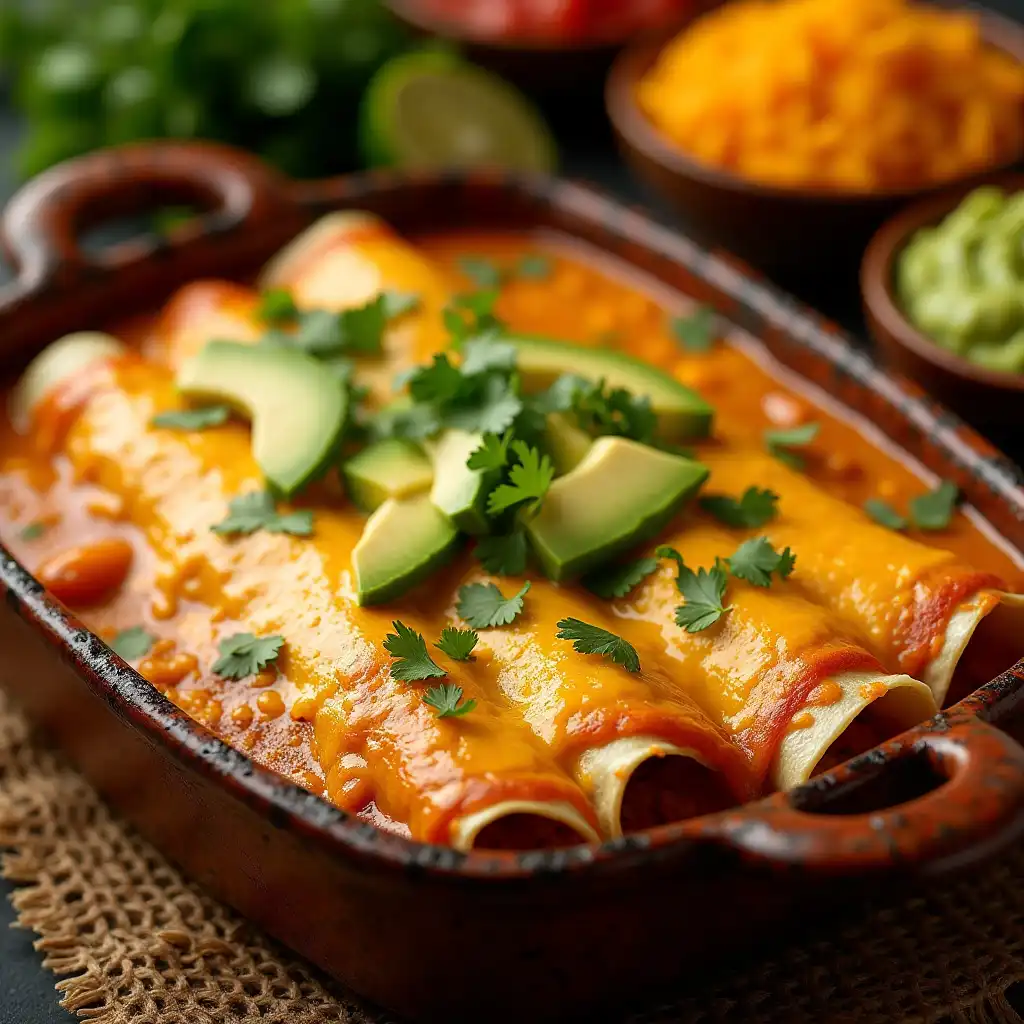 Creamy chicken enchiladas served with guacamole on a wooden table.