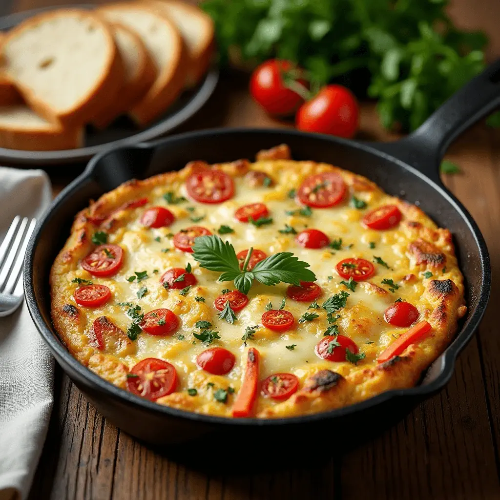 Savory chicken frittata with cherry tomatoes, bell peppers, and parsley in a black skillet, served alongside sliced bread and fresh greens.