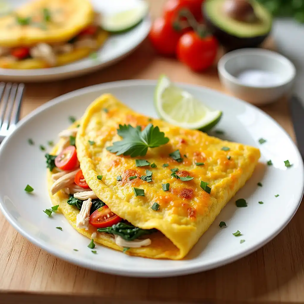A fluffy chicken omelette filled with shredded chicken, spinach, and cherry tomatoes, garnished with fresh parsley and served with a lime wedge.