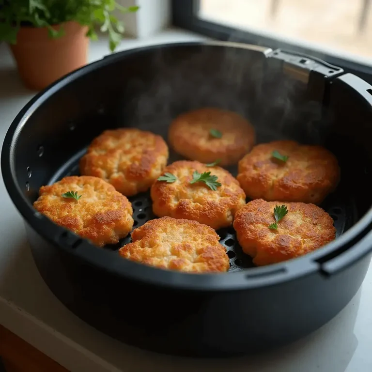 Golden crispy chicken patties in an air fryer basket, garnished with fresh parsley, near a kitchen window.