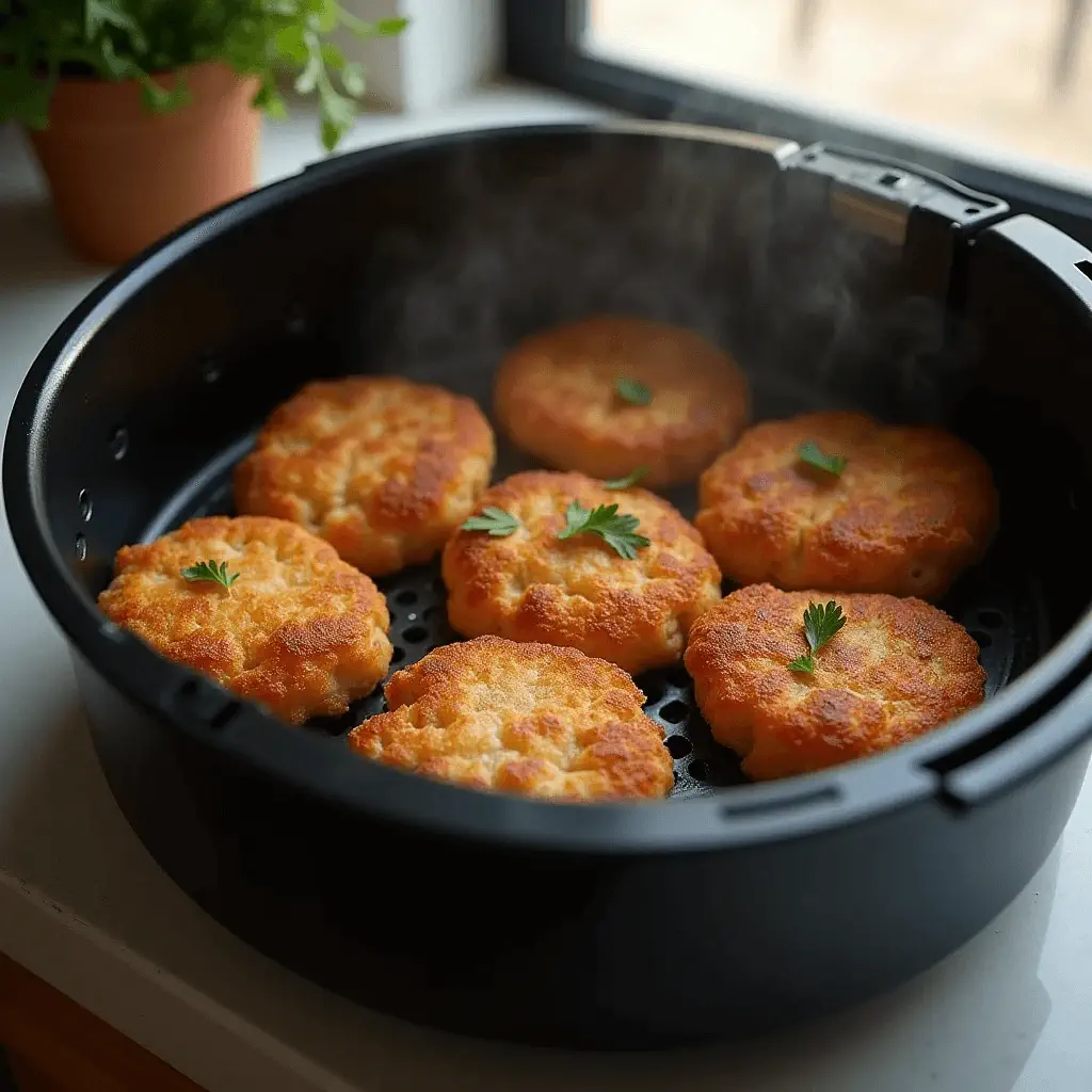 Golden crispy chicken patties in an air fryer basket, garnished with fresh parsley, near a kitchen window.
