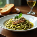 A plate of chicken pesto pasta featuring grilled chicken breast on a bed of spaghetti tossed in creamy pesto sauce, garnished with fresh basil and Parmesan cheese.