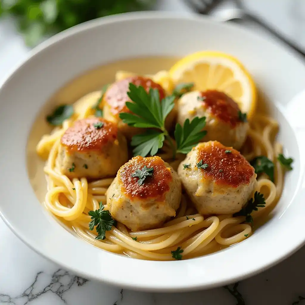 chicken piccata meatballs, garnished with fresh parsley and a slice of lemon for a bright, flavorful presentation.