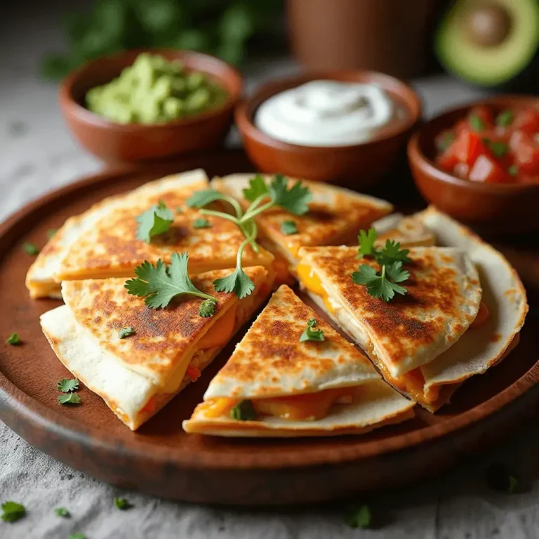 Golden chicken quesadillas sliced into triangles, garnished with fresh cilantro, served with guacamole, sour cream, and salsa on the side.