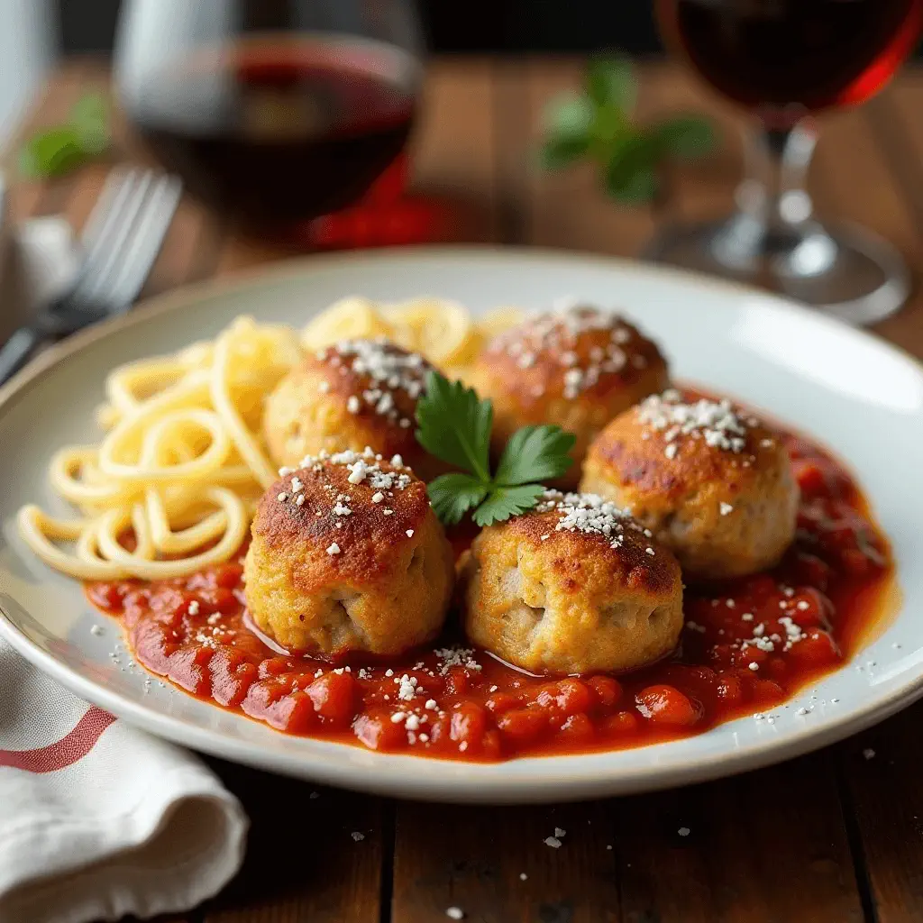 Chicken ricotta meatballs served over spaghetti with tomato sauce and grated Parmesan