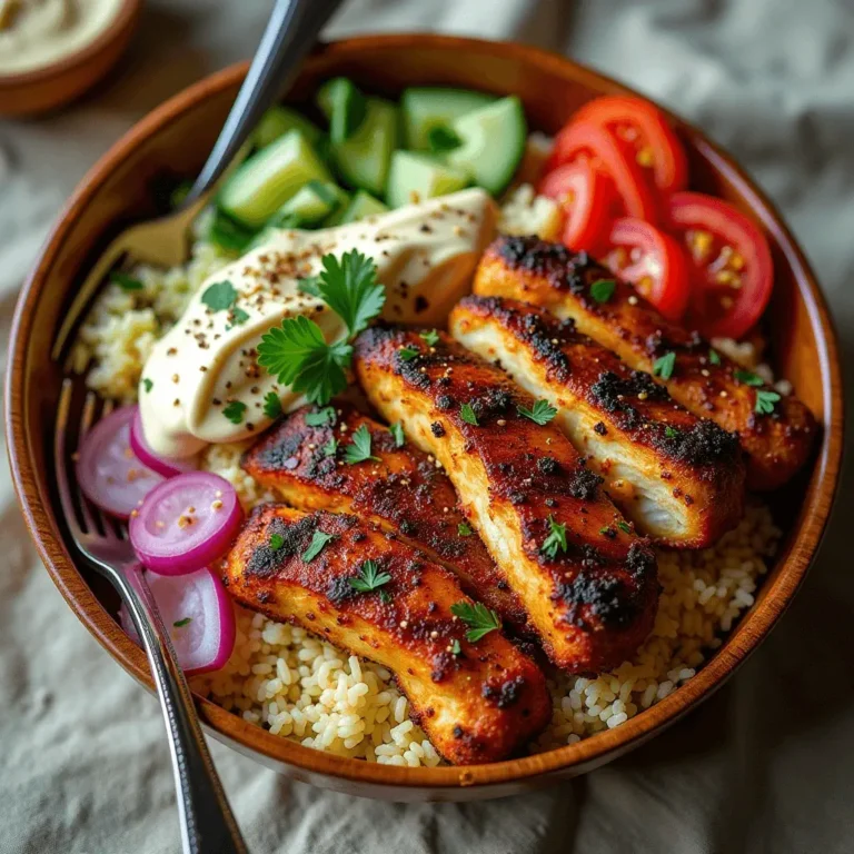 Grilled chicken shawarma over rice with hummus, fresh cucumbers, tomatoes, and red onions.