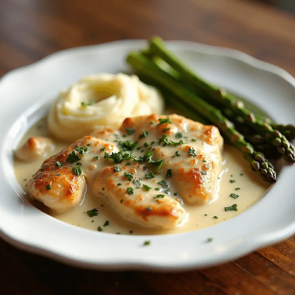 Creamy garlic Parmesan chicken served with a side of mashed potatoes and steamed asparagus, garnished with fresh parsley.
