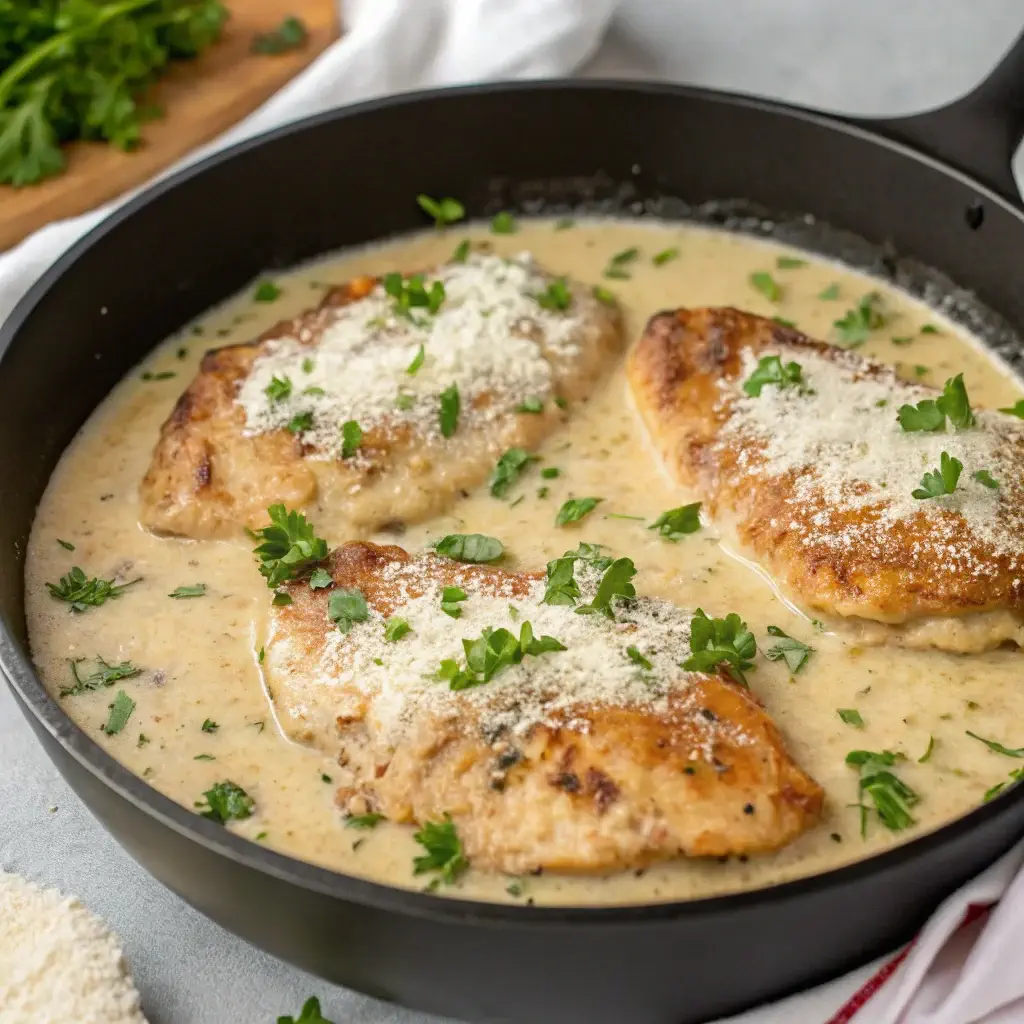 Creamy garlic Parmesan chicken in a skillet garnished with parsley.