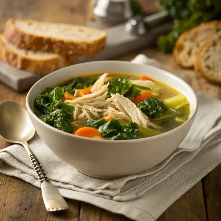 A steaming bowl of chicken and kale soup with a golden broth, tender shredded chicken, vibrant kale leaves, and vegetables, served on a rustic wooden table.