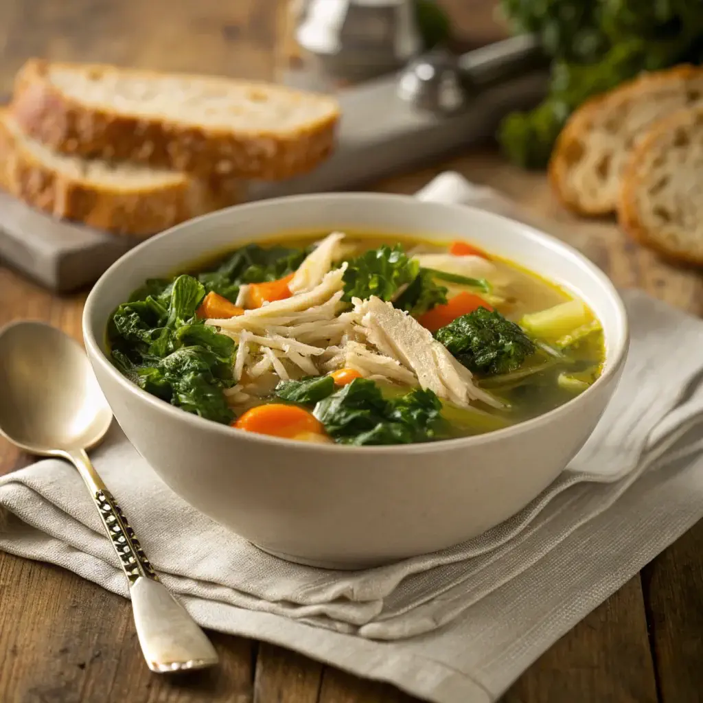 A steaming bowl of chicken and kale soup with a golden broth, tender shredded chicken, vibrant kale leaves, and vegetables, served on a rustic wooden table.