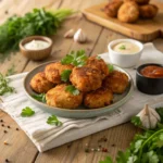 Golden brown chicken fritters on a plate with dipping sauces and garnished with parsley, served on a rustic wooden table