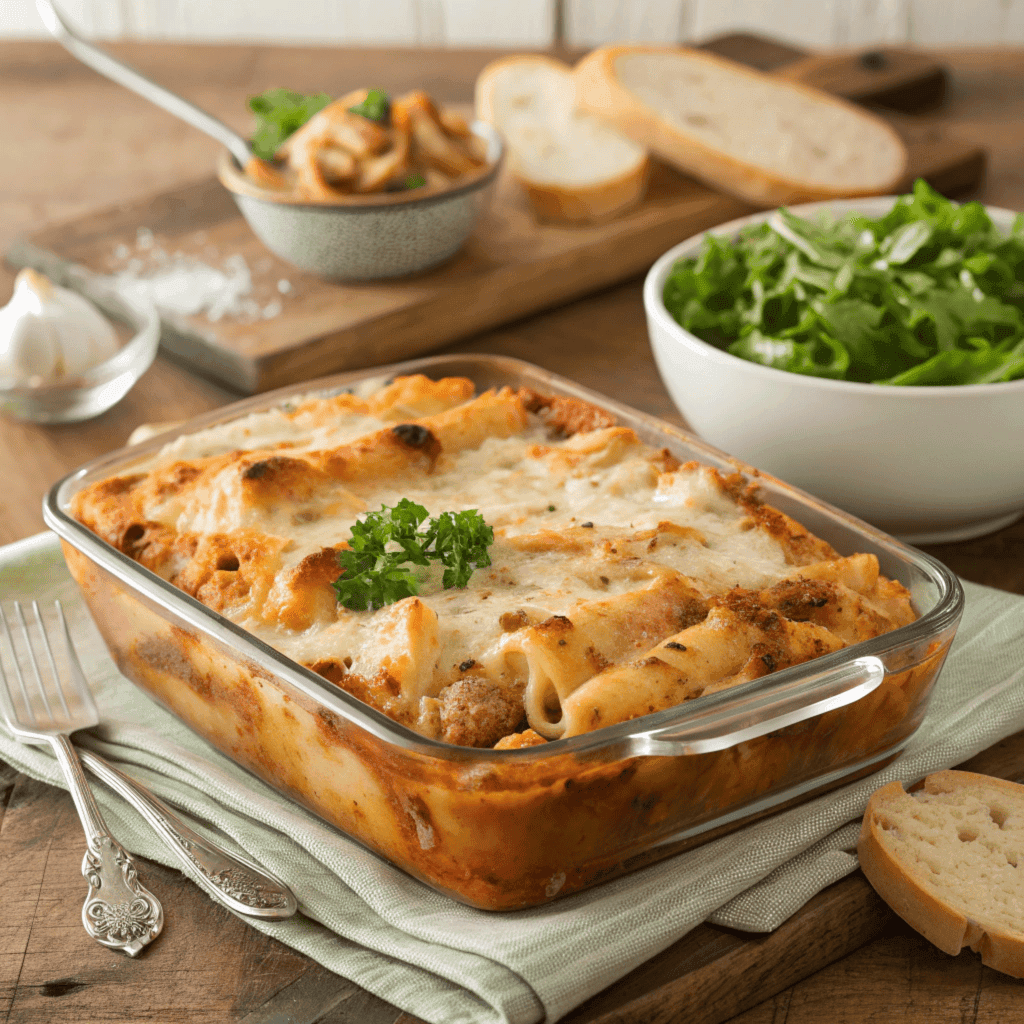 A freshly baked ziti with chicken dish topped with melted cheese and parsley, served on a rustic wooden table with garlic bread and green salad.