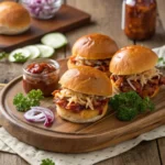 BBQ chicken sliders on a wooden platter, topped with coleslaw and pickles, with BBQ sauce and fresh ingredients in the background.