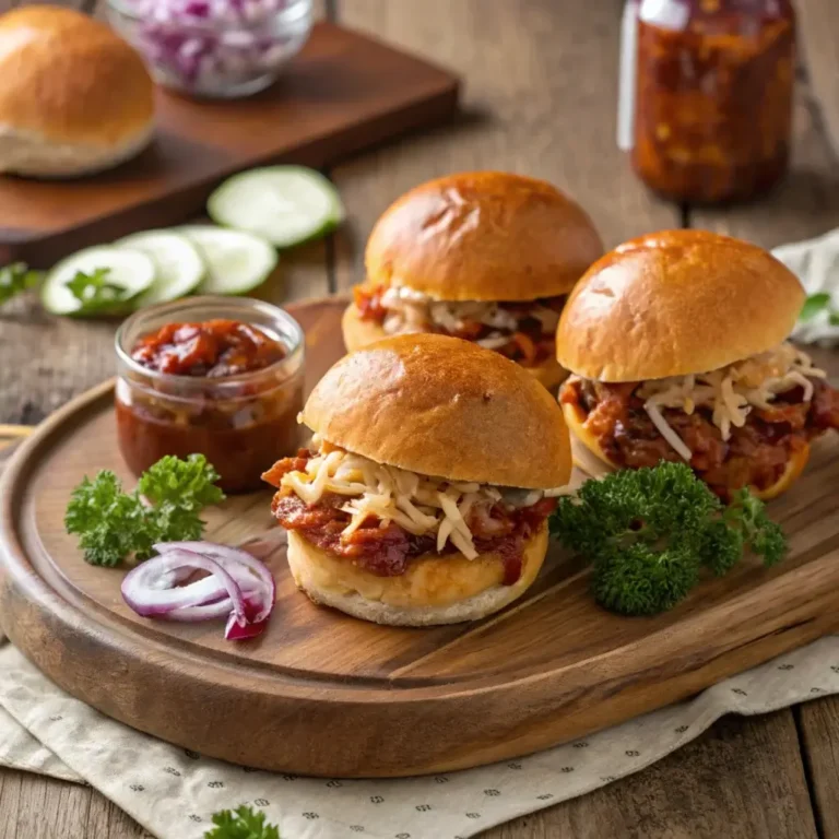 BBQ chicken sliders on a wooden platter, topped with coleslaw and pickles, with BBQ sauce and fresh ingredients in the background.