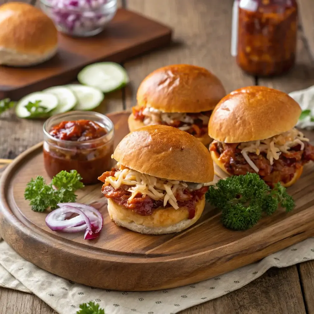 BBQ chicken sliders on a wooden platter, topped with coleslaw and pickles, with BBQ sauce and fresh ingredients in the background.