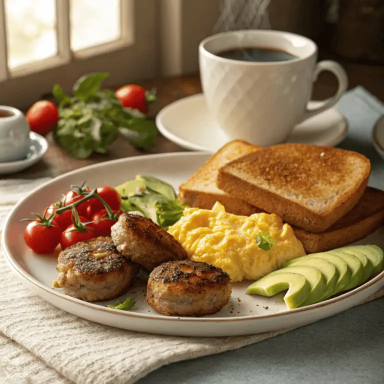 A breakfast plate with chicken breakfast sausage patties, scrambled eggs, golden toast, cherry tomatoes, and avocado slices on a cozy kitchen table.