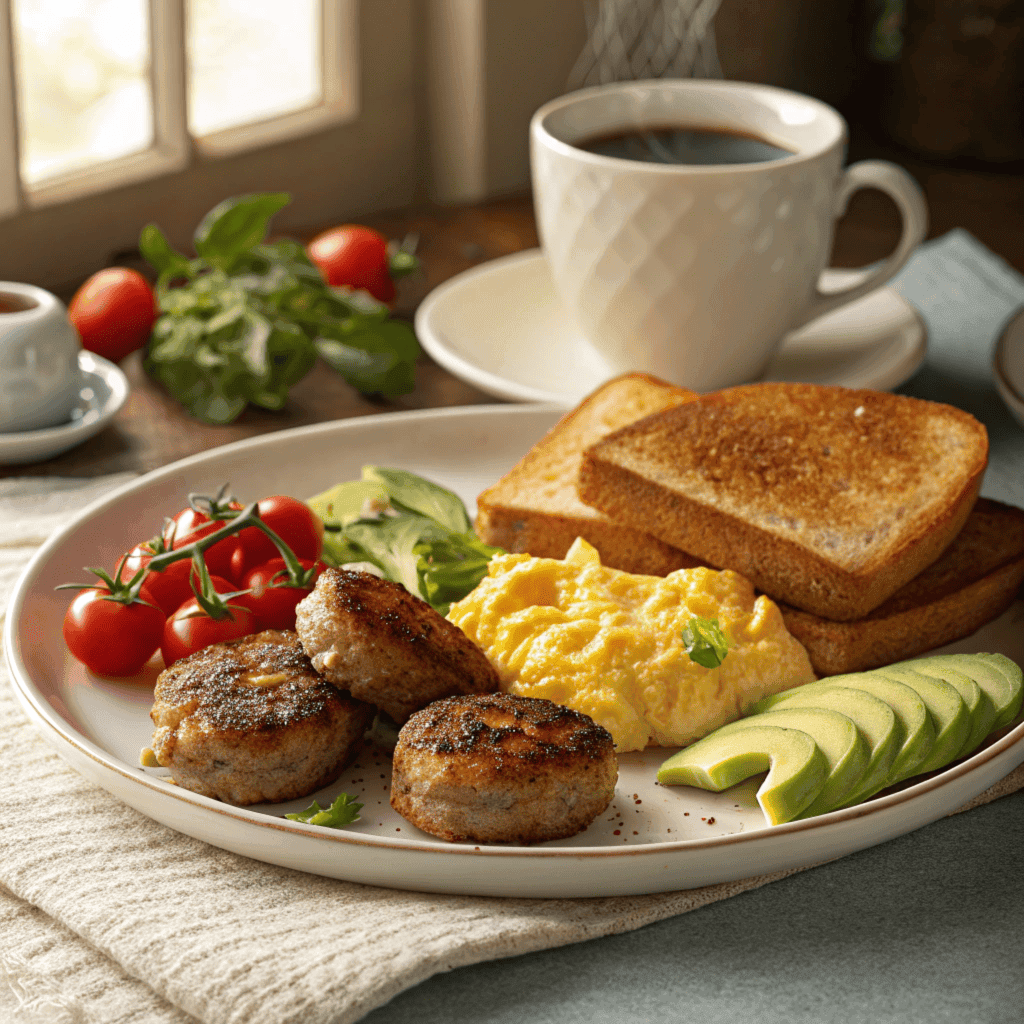 A breakfast plate with chicken breakfast sausage patties, scrambled eggs, golden toast, cherry tomatoes, and avocado slices on a cozy kitchen table.