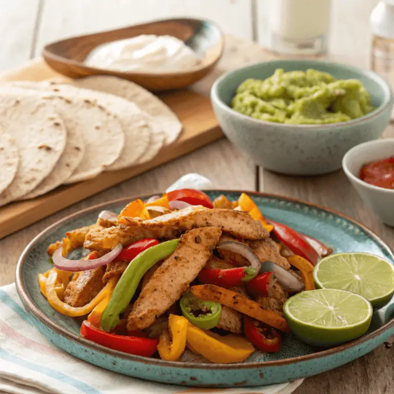 air fryer chicken fajitas with colorful bell peppers, onions, warm tortillas, and bowls of guacamole, salsa, and sour cream