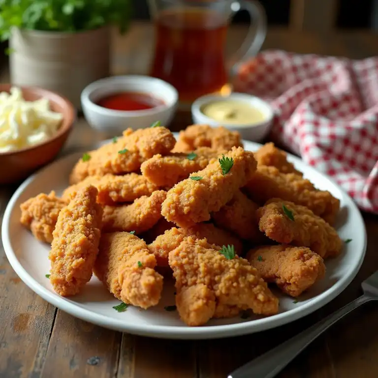 A plate of crispy chicken tenders garnished with fresh parsley, served with dipping sauces including ketchup and mustard, alongside a jug of iced tea.